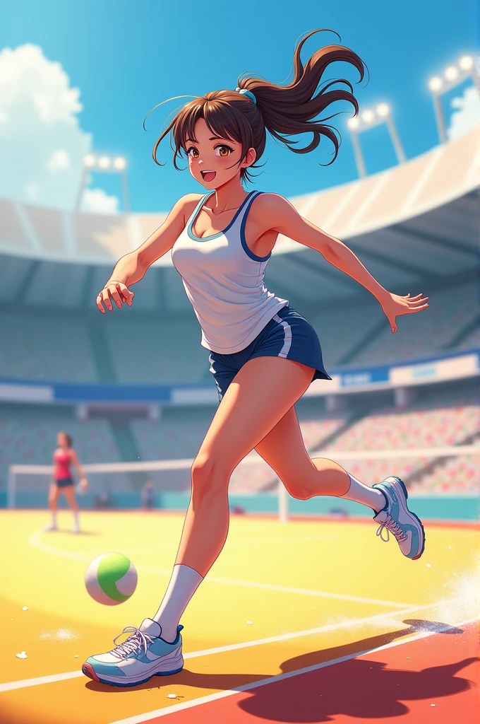 Anime girl doing sports with great attributes 

