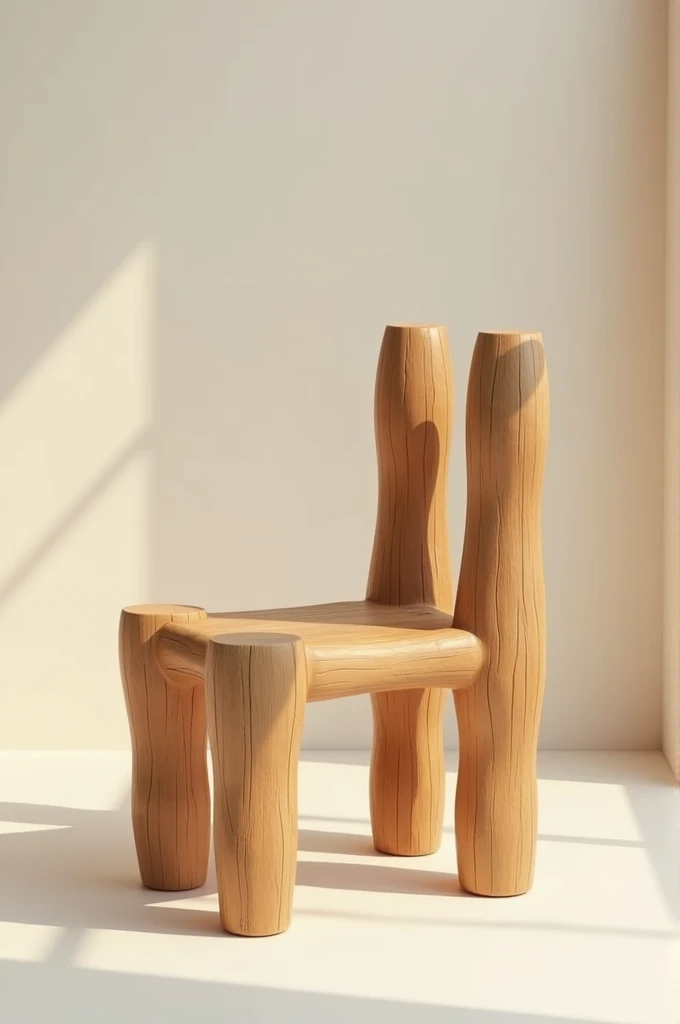 Make me a picture of a simple chair made of large round wood measuring 30 cm, 50 cm high and the wood remains intact, round and simple.