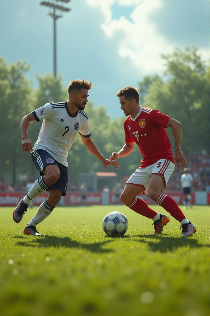 20 year old boys playing soccer in a championship but not in a stadium facing each other 