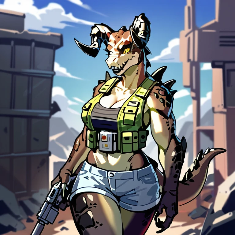 Solo, score_9,score_8_up,score_7_up, source_anime, aegis, kemono style, aegis, Anthro reptile girl, snout, green scaled skin, yellow eyes, black lips, black ram horns, tail, black lips, tall, Anthro deathclaw from fallout, deathclaw girl, (best quality), (4k), bulletproof vest, holding a rusty gun, blue shorts, in a ruined city, looking at viewer, 