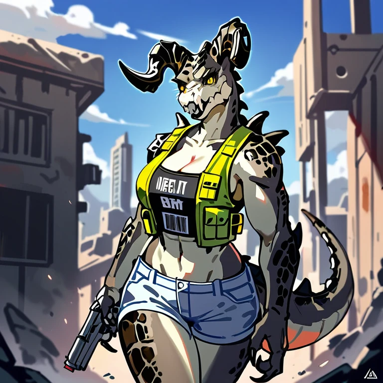 Solo, score_9,score_8_up,score_7_up, source_anime, aegis, kemono style, aegis, Anthro reptile girl, snout, green scaled skin, yellow eyes, black lips, black ram horns, tail, black lips, tall, Anthro deathclaw from fallout, deathclaw girl, (best quality), (4k), bulletproof vest, holding a rusty gun, blue shorts, in a ruined city, looking at viewer, 