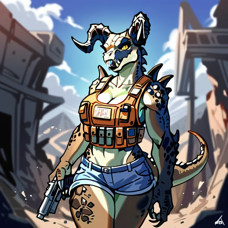 Solo, score_9,score_8_up,score_7_up, source_anime, aegis, kemono style, aegis, Anthro reptile girl, snout, green scaled skin, yellow eyes, black lips, black ram horns, tail, black lips, tall, Anthro deathclaw from fallout, deathclaw girl, (best quality), (4k), bulletproof vest, holding a rusty gun, blue shorts, in a ruined city, looking at viewer, 