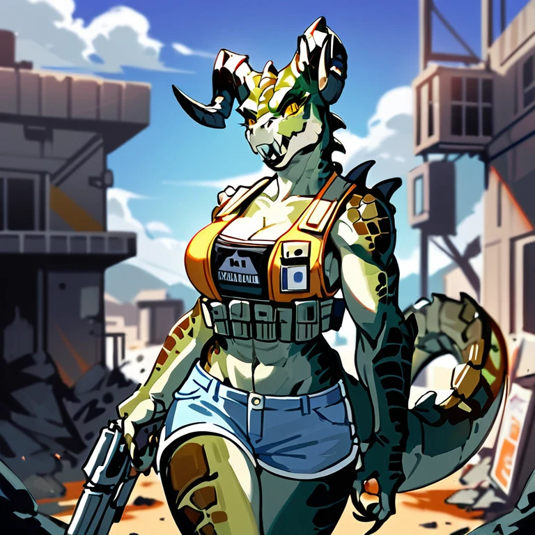 Solo, score_9,score_8_up,score_7_up, source_anime, aegis, kemono style, aegis, Anthro reptile girl, snout, green scaled skin, yellow eyes, black lips, black ram horns, tail, black lips, tall, Anthro deathclaw from fallout, deathclaw girl, (best quality), (4k), bulletproof vest, holding a rusty gun, blue shorts, in a ruined city, looking at viewer, 