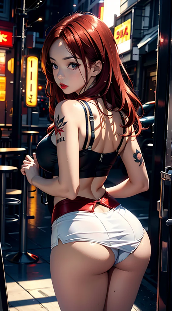 una redhead woman vestida de negro, Beautiful and seductive, animated style, (((pixiv, ))) Best Quality, masterpiece,  White skin, Brown eyes, Red lips, by the wide,, redhead woman, anime, bare legs, White skirt, tattoo, Curvy body, view from behind, looking at the viewer, strip club background, red lights, Midnight, 8K high quality detailed art
