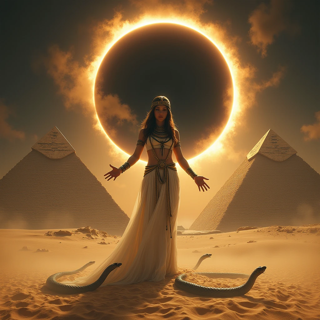 1x1 picture, an Egyptian girl with the power of sand and a magic snake in front of the Egyptian pyramid, which is behind the great eclipse of the sun.