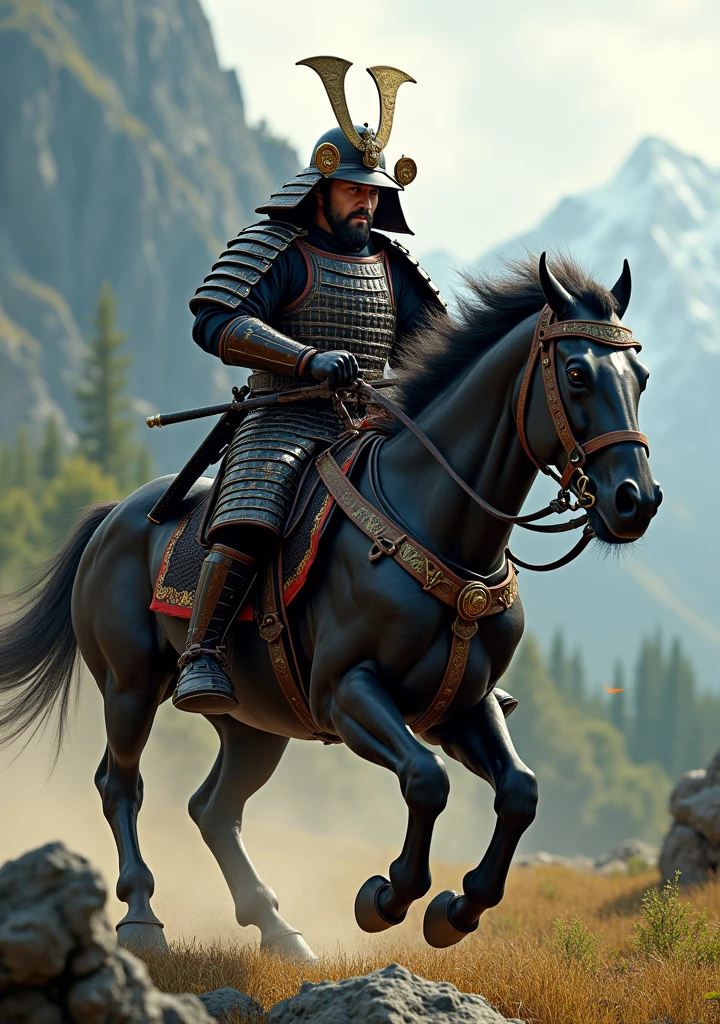 Give me the image of a samurai riding a horse, photorealist