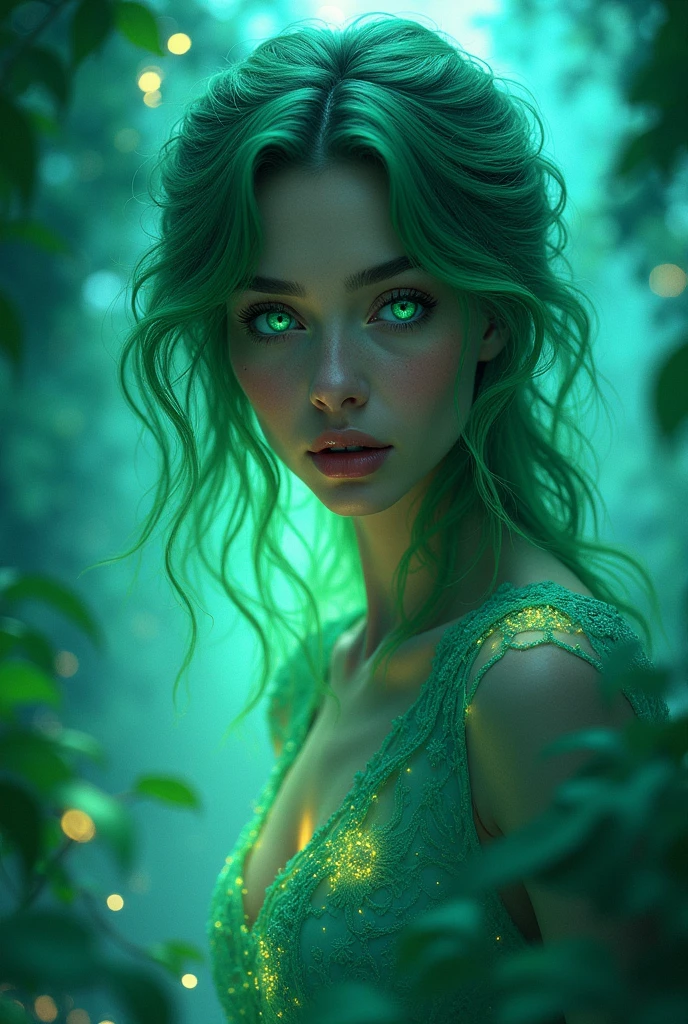 (masterpiece, top quality, best quality, official art, beautiful and aesthetic:1.2), (1girl), extreme detailed,(fractal art:1.3),colorful,highest detailed, olhos verde, cabelo verde iluminado, fundo floresta neon verde azulado.