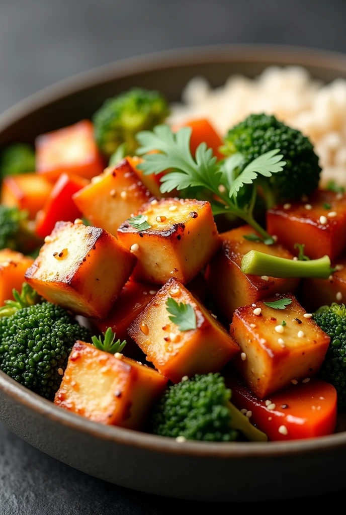 Create an image of this recipe: Stir-Fried Tofu with Vegetables Ingredients:

- Firm tofu: 200 g - Broccoli: 100 g - Carrot: 100 g - Red pepper: 50 g - Low sodium soy sauce: 30 ml - Sesame oil: 10 ml - Oh: 10 g - Fresh ginger: 10 g Preparation:

1. Cut the tofu into cubes and sauté in a hot pan with sesame oil until golden.. Remove and reserve.

2. In the same pan, Add the chopped garlic and ginger, y mattress briefly.

3. Add the broccoli, carrot and pepper cut into strips. Cook over medium heat for 5-7 minutes.

4. Add the tofu back to the pan and pour in the soy sauce.. Cook for 2 more minutes, mixing well.

5. Serve the stir-fry hot., alone or with brown rice.
