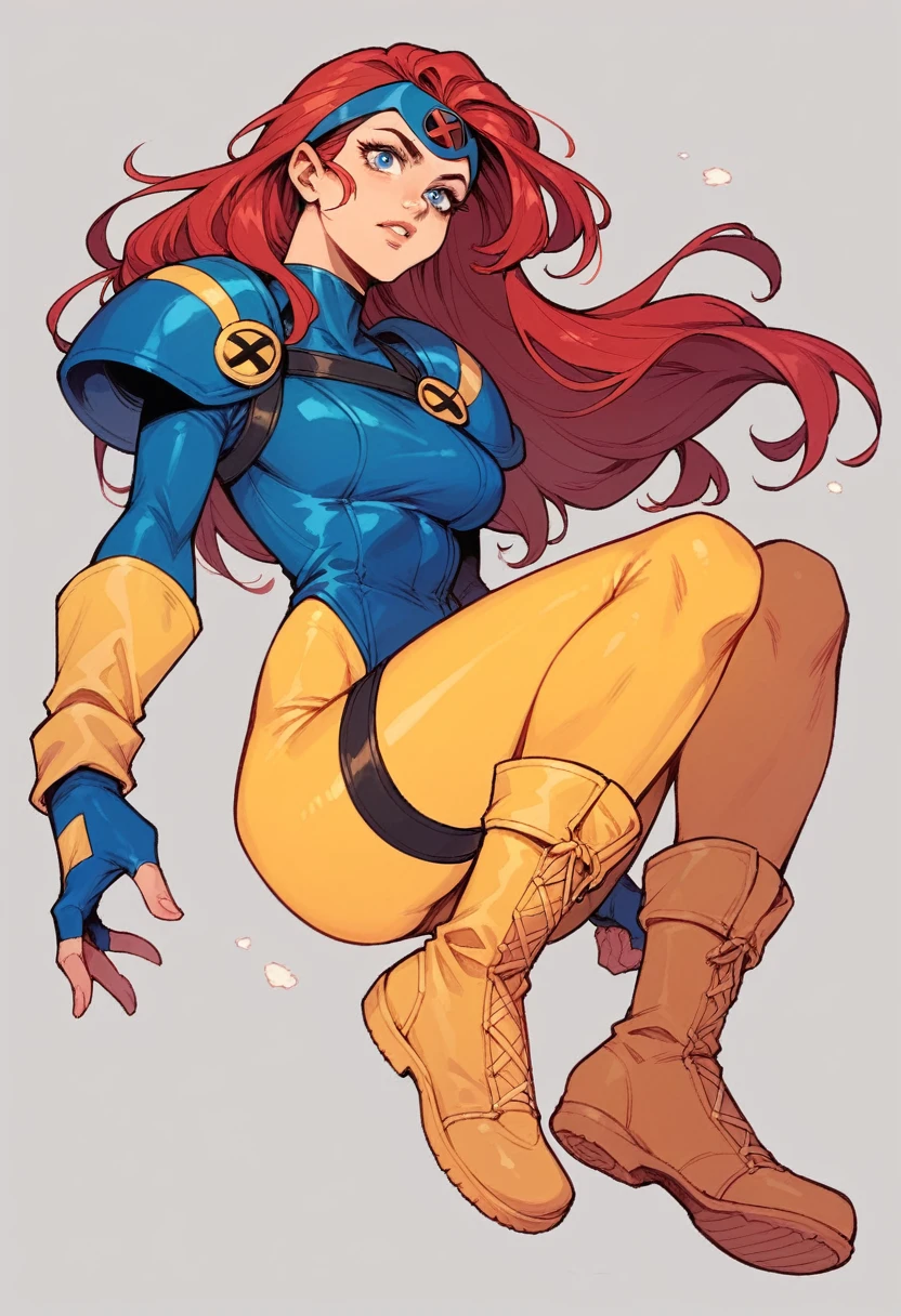 1woman, x-men, comics style, long red hair, blue face-framing headpiece, bodysuit, blue top, blue shoulder pads, yellow arms, yellow leggings, yellow boots, blue fingerless gloves