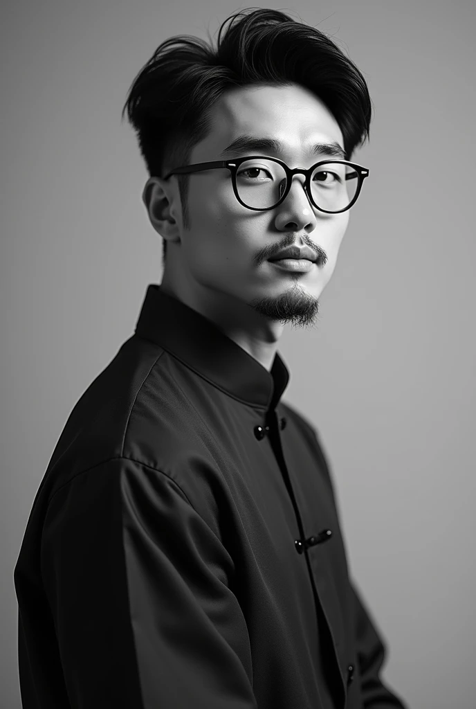 An animated Chinese person man with glasses and beard black and white young full length photo