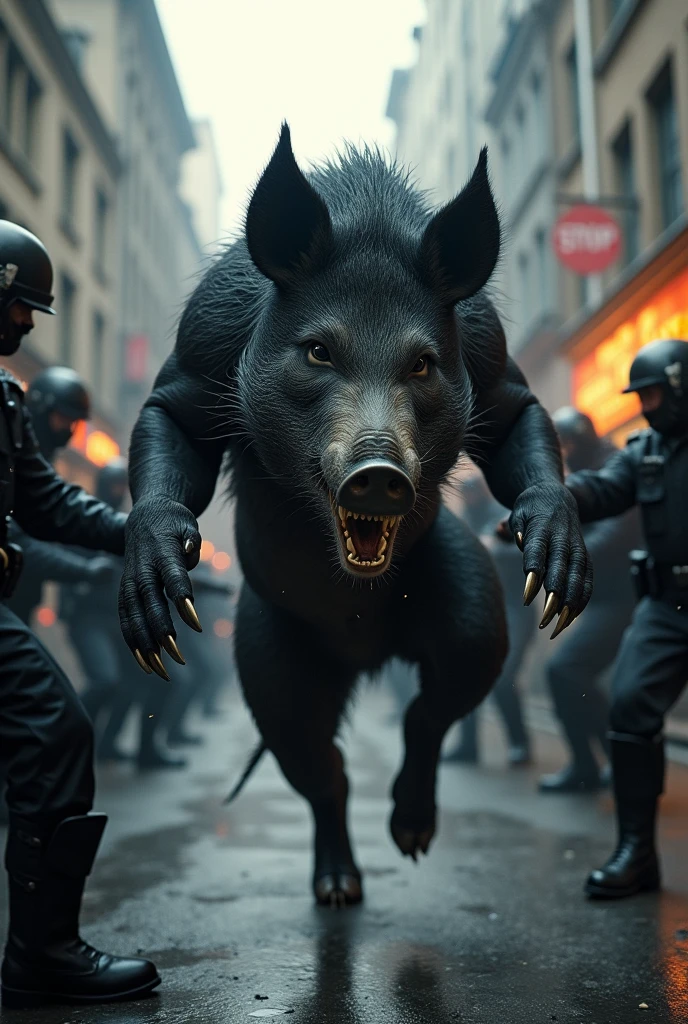 Black wild pig with humanoid body attacking police officers