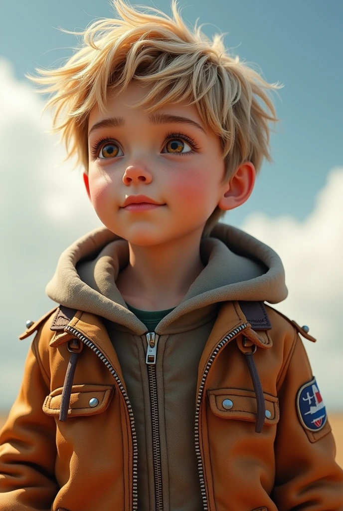 A realistic male boy child wearing a flight jacket