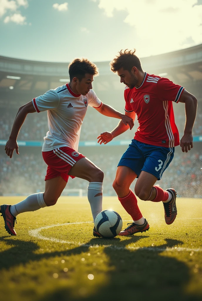 20 year old boys playing soccer in a championship but not in a stadium facing each other for a flayer between men
