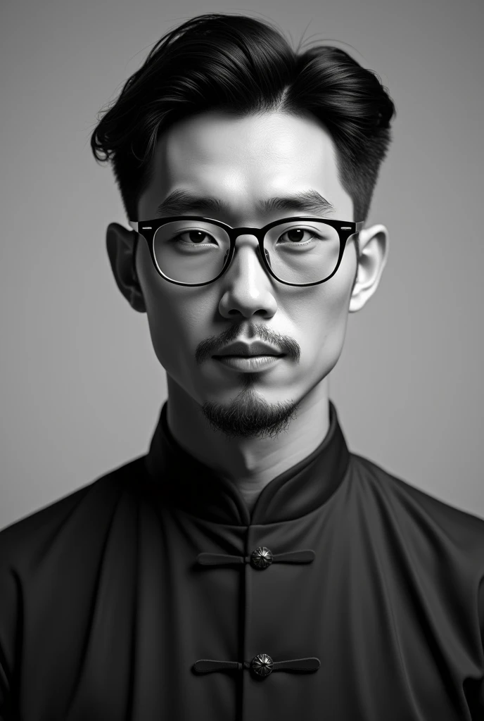 An animated Chinese person man with glasses and beard black and white young full length photo 
