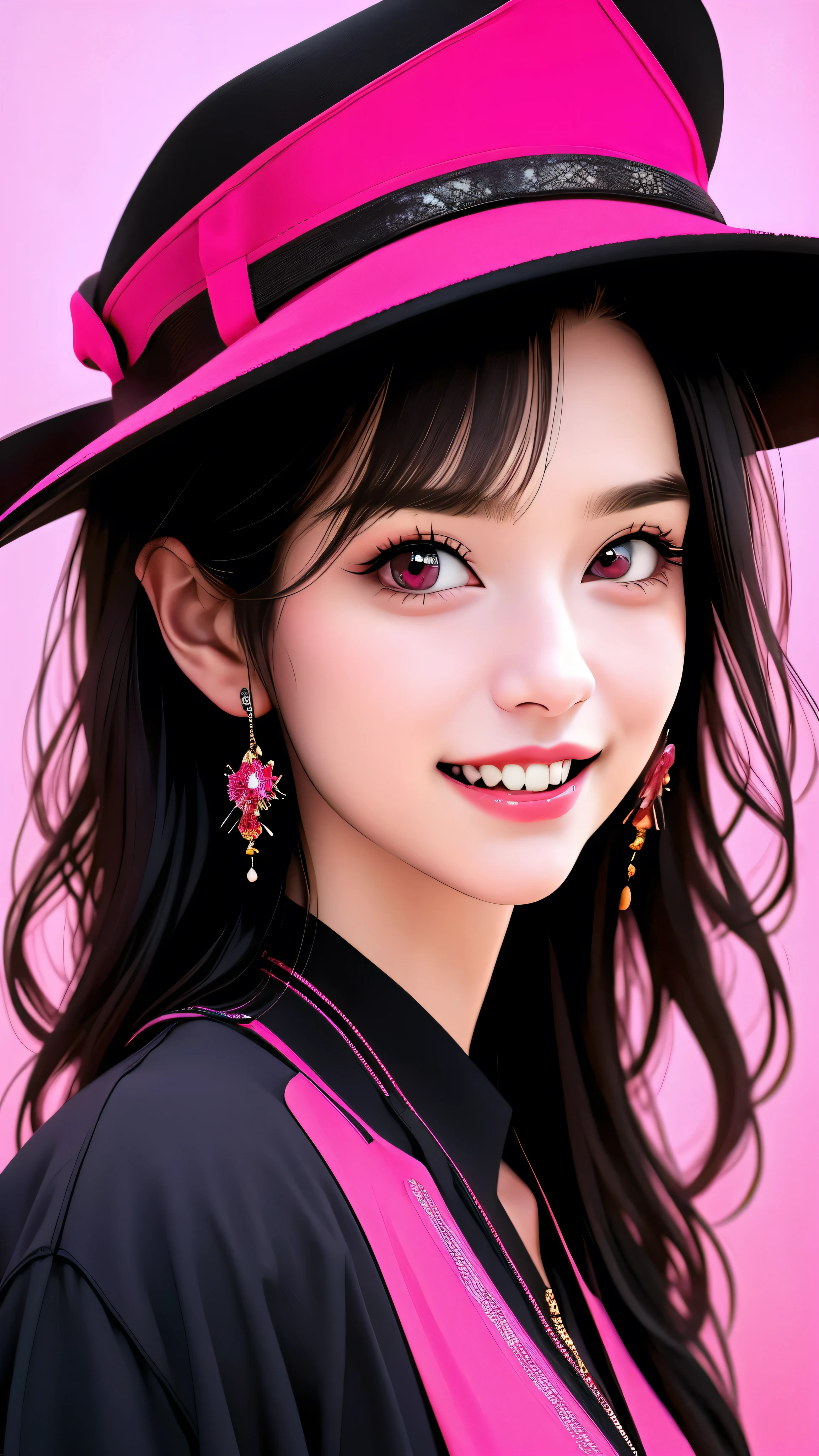 1girl, sparkly, pink background, red background, hat, open mouth, solo, black headwear, teeth, bangs, breasts, gradient background, pink eyes, looking at viewer, gradient, sharp teeth, smiling, black hair, long hair, upper body, (best quality,4k,8k,highres,masterpiece:1.2),ultra-detailed,(realistic,photorealistic,photo-realistic:1.37), vivid colors, portrait