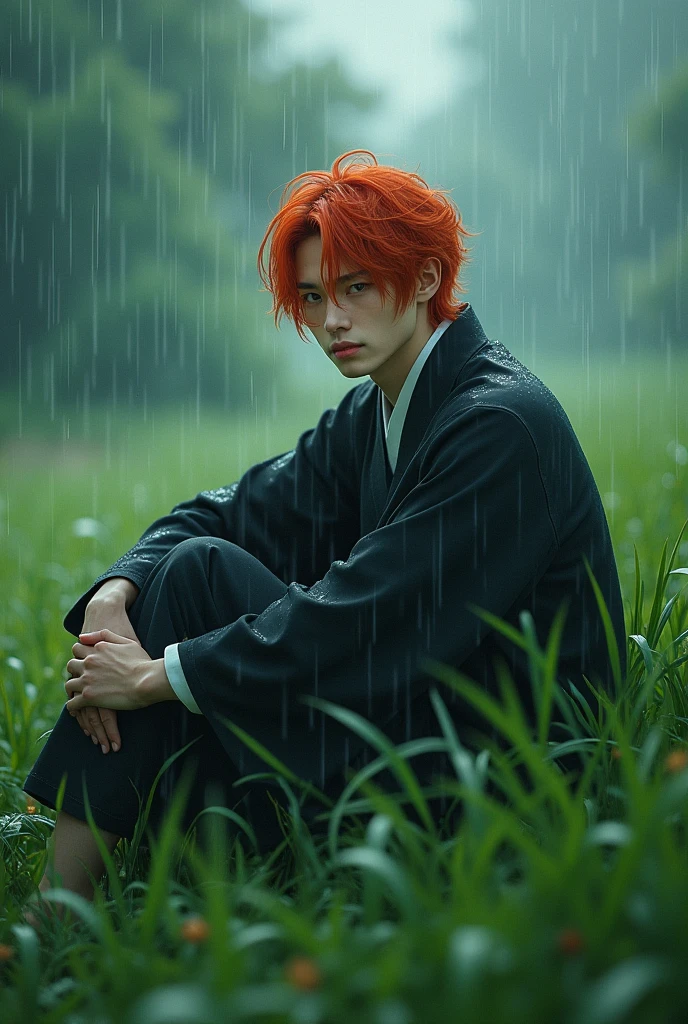 Beautiful Japanese man sat in the grass under the rain, he have bright hair and light grey eyes. 