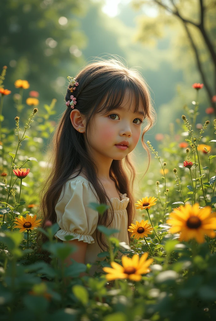 (photorealism:1.2) ( masterpiece ) ( highly detailed) a Young girl with amazing Garden, Nature , realism , 8k , HD.