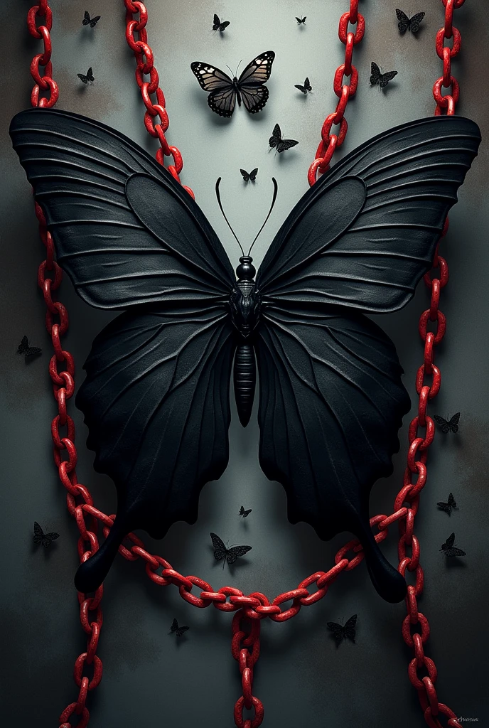 A book cover with a large black butterfly in the center. with shadows, black chains and roses.
Cover Center: The centralized Crimson Chains title.
Around the title: Chains and shadows and dark butterflies.
Must not contain red color.