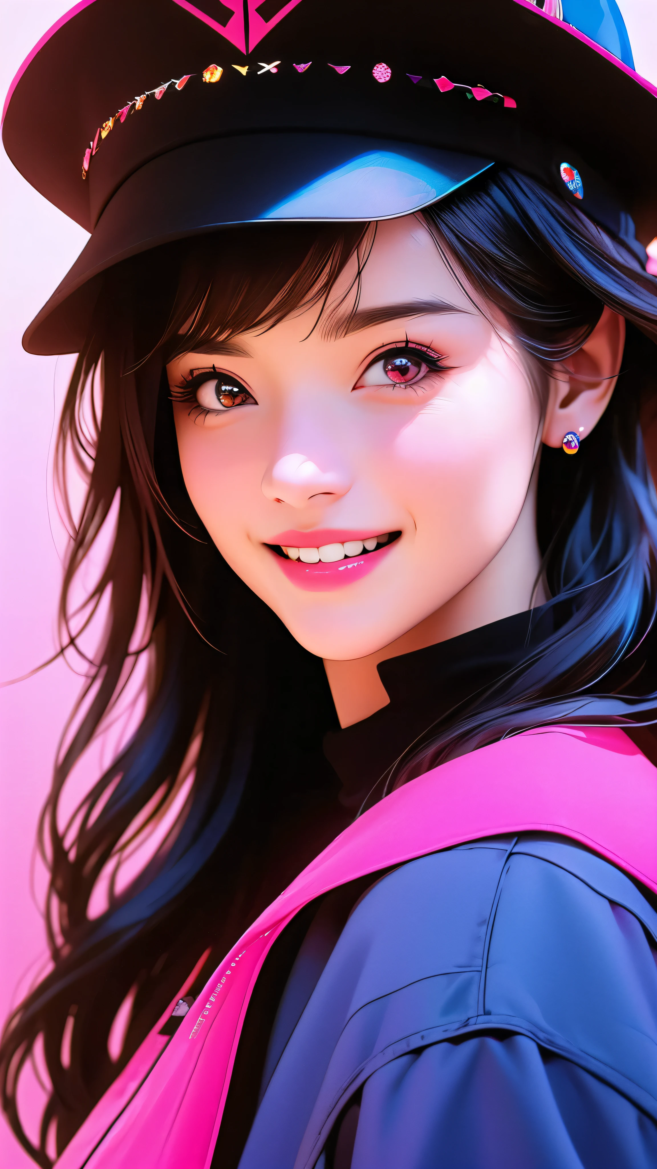 1girl, sparkly, pink background, red background, hat, open mouth, solo, black headwear, teeth, bangs, breasts, gradient background, pink eyes, looking at viewer, gradient, sharp teeth, smiling, black hair, long hair, upper body, (best quality,4k,8k,highres,masterpiece:1.2),ultra-detailed,(realistic,photorealistic,photo-realistic:1.37), vivid colors, portrait