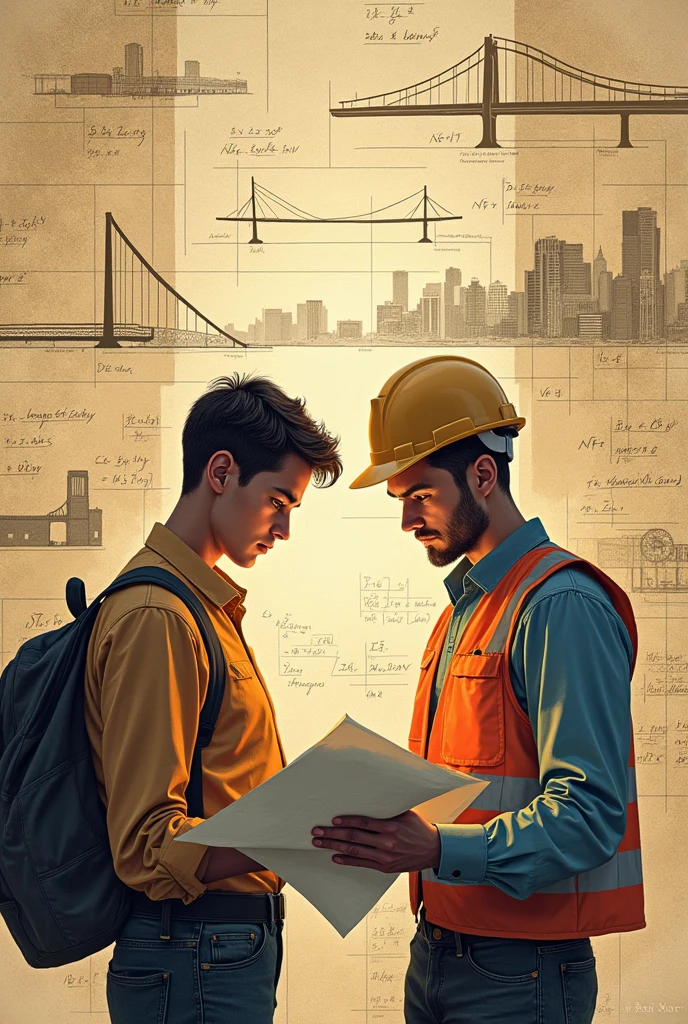 An image of two young engineers with a blueprint in hand looking at their project,In the background many mathematical symbols, bridge diagrams, buildings, calculations, very striking and looks very serious , that the image has the format of a horizontal sheet, y que se resalen los calculations