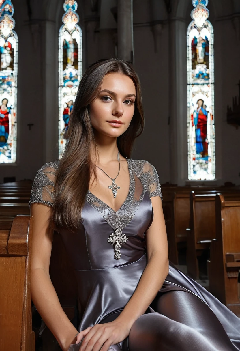 Young brunette, beautiful eyes. long brown hair. Cuezes dresses in shiny satin, tights, NECKLACE, clear lip gloss, narrow building, Good, 2, Full length photo, Long legs, satin top, Sits in the church and looks around, looks stunning. is an enthusiast She should have five fingers on each hand.
