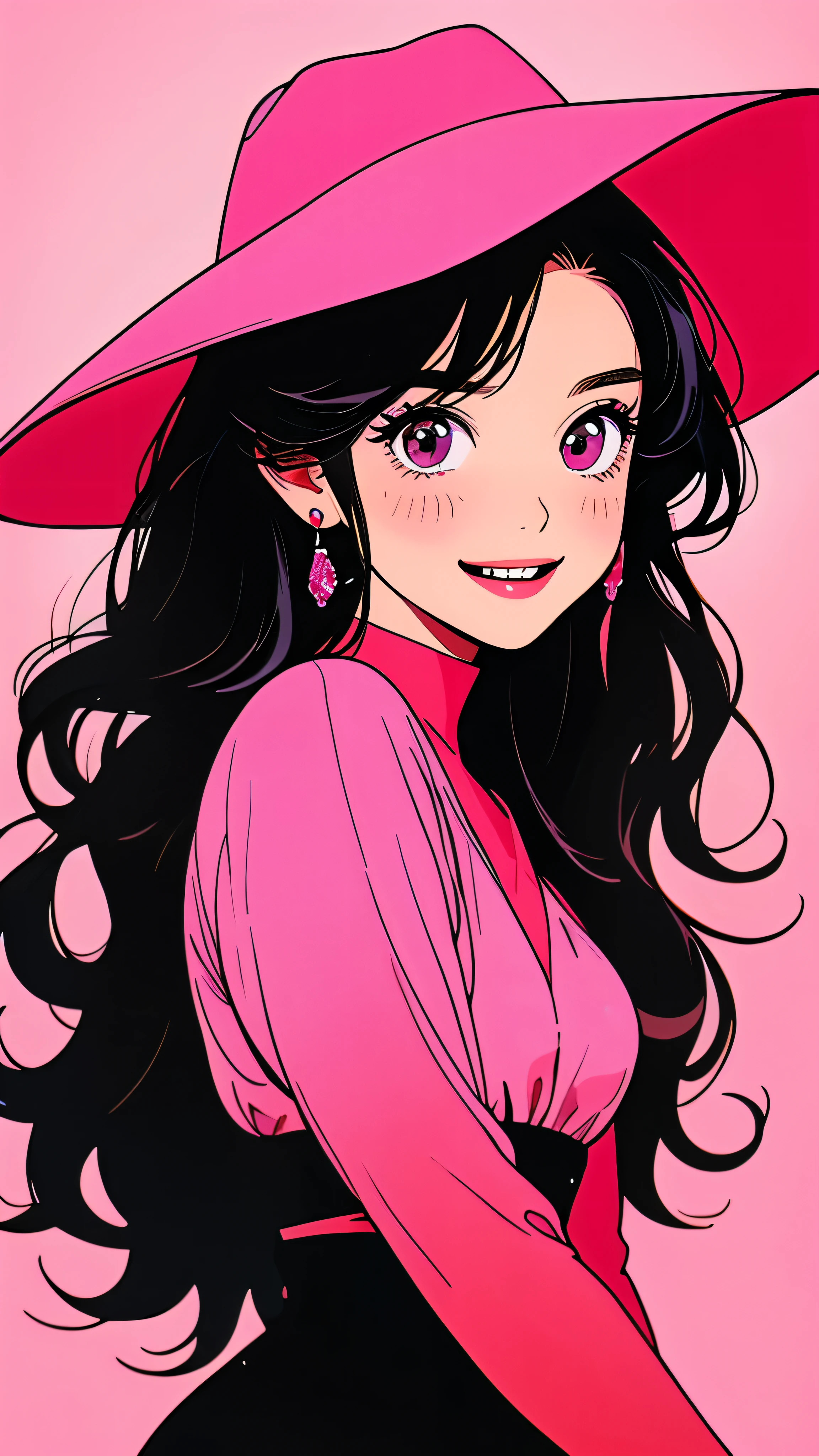 A beautiful young girl with sparkling eyes, wearing a pink cowboy hat, against a vibrant red and pink gradient background, with an open-mouthed smile revealing her sharp teeth, her long black hair flowing, the focus on her upper body.