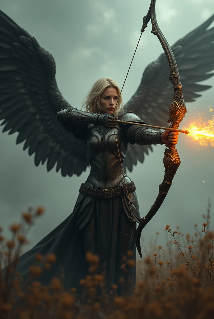 Dark field scenery, Archangel, woman, realistic style, ((holding intricate bow with yellow gems), (aiming a flaming arrow at me), (blades on the ends of the bow)), knight girl, Caucasian, short sandy hair, no skin showing except hand and face, determined look, six wings, dynamic pose, Intricate, surreal,