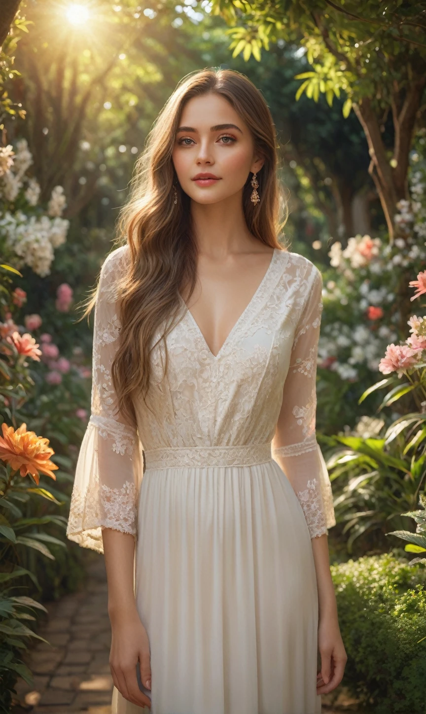 a beautiful young girl, beautiful detailed eyes, beautiful detailed lips, extremely detailed face, long eyelashes, long flowing hair, delicate facial features, soft skin, serene expression, wearing a flowing white dress, standing in a lush garden, sunlight filtering through the trees, vibrant green foliage, colorful flowers in bloom, (best quality,4k,8k,highres,masterpiece:1.2),ultra-detailed,(realistic,photorealistic,photo-realistic:1.37),dramatic lighting,cinematic composition,intricate details,warm color palette