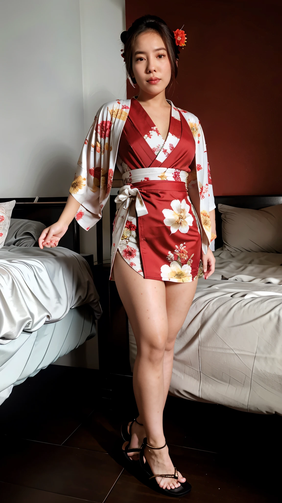 8k masterpiece, 1girl, 2, hair in a loose braid, asian girl, 25 anos, (highly detailed face), highly detailed skin, small breasts, perfect hips, wide hips, round ass, highly detailed skin, slut, anal dildo, sitting on dildo, background: messy bedroom, cinematic lighting, dark lighting, movie still, view from front, (kimono, japanese sandals, high heels, geisha, oiran), (((standing))), em pé,