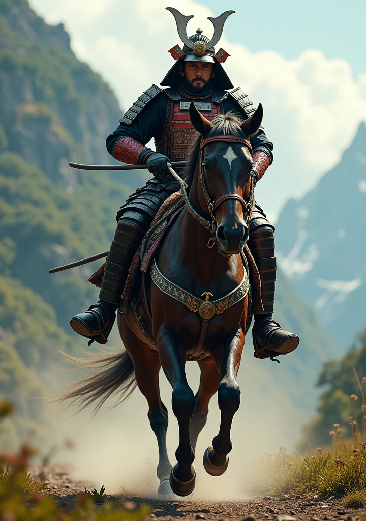 Give me the image of a samurai riding a horse, photorealist