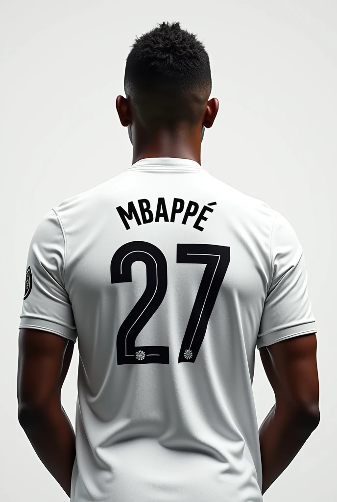 Kylian Mbappe from behind wearing a Real Madrid shirt with number 27, name Xavi