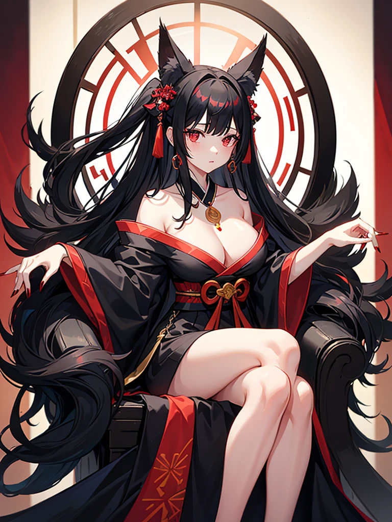 1girl, Solo, High Resolution, Long Hair,Bangs, Black Hair, Red Eyes, Hair Ribbon, Earrings, black Fox Ears, Best Quality, Wavy Hair,Large breasts, Earrings, Makeup,black fox tail,black and red kimono, long red nails, sitting on a throne, necklace, two hands