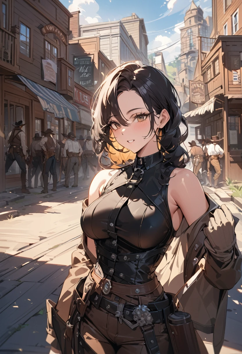 SCORE_9, SCORE_8_UP, SCORE_7_UP, SCORE_6_UP, SCORE_5_UP, SCORE_4_UP, [ 4 k digital art ]!!, view only, old wild west city, day, outdoor, absurdres, (ultra detail:1.2), (shiny Skin:1.1), (masterpiece:1.2), (best quality:1.2),
