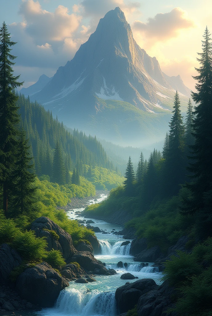 Landscape of a large mountain in the forest, with streams, cascades, crystal clear waters, and the brightness of dawn, romantic vibe