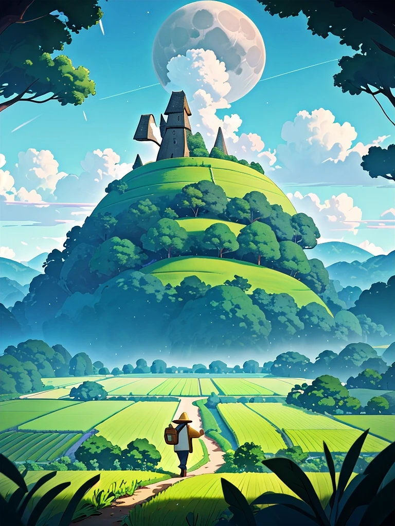 Old farmer carrying flat load, walking along winding path in countryside, big moon, Jupiter reflected, big clouds, blue sky, rice fields, neat rice seedlings in fields, forest, hillside, secluded, countryside, HD detail, hyper detail, film, surrealism, soft light, deep field focus bokeh, ray tracing, surrealism. --v6