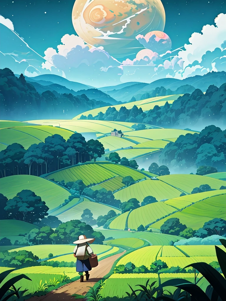 Old farmer carrying flat load, walking along winding path in countryside, big moon, Jupiter reflected, big clouds, blue sky, rice fields, neat rice seedlings in fields, forest, hillside, secluded, countryside, HD detail, hyper detail, film, surrealism, soft light, deep field focus bokeh, ray tracing, surrealism. --v6