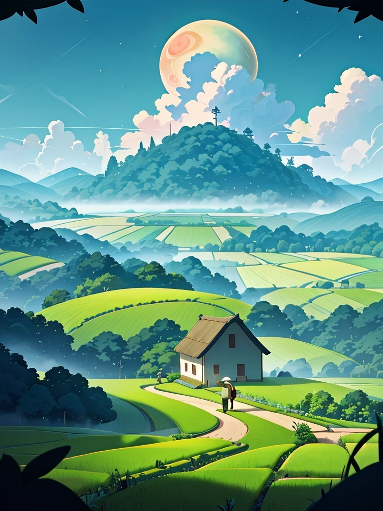 Old farmer carrying flat load, walking along winding path in countryside, big moon, Jupiter reflected, big clouds, blue sky, rice fields, neat rice seedlings in fields, forest, hillside, secluded, countryside, HD detail, hyper detail, film, surrealism, soft light, deep field focus bokeh, ray tracing, surrealism. --v6
