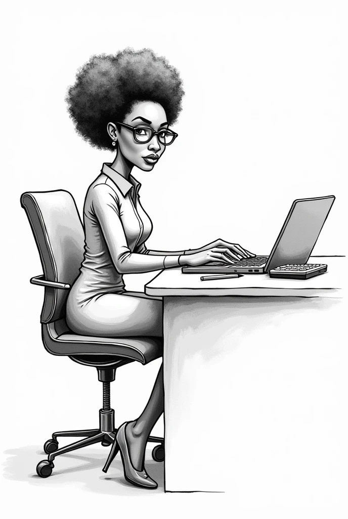 black and white drawing of an african american woman, Accountant by profession, he wears glasses, She is sitting in her chair in front of her desk in her office with her laptop and her calculator, She is dressed in an office dress and is wearing high heels..