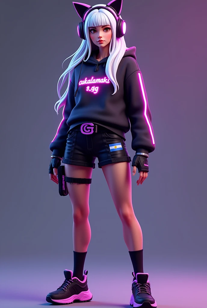 Fortnite Skins, full body front, White woman, with black sweater and engraved with the name CukaLaMaki_GG in neon purple, shorts with a small Argentine flag original color, with neon purple belt and GG-shaped buckle, Women's tennis shoes in black with neon purple, with gamer headphones with black cat ears with neon purple, Long silver hair, eyes the color of honey
