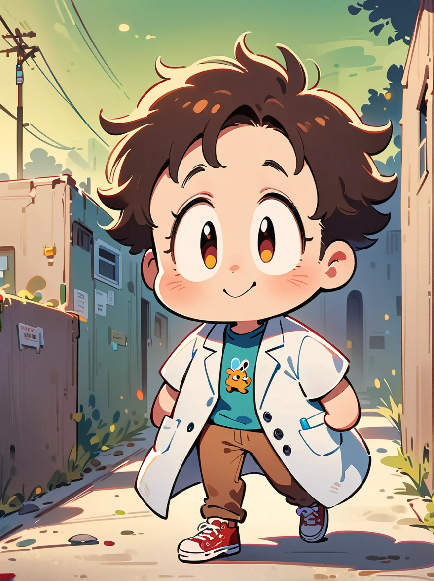 2d a cute male teacher, dressed as a teacher, lab coat, pants, t-shirt and sneakers, 2d cartoon style, , full body, solo, male face, whimsical, adorable, masterpiece, 8k, cinematic lighting, award-winning digital art, green screen background