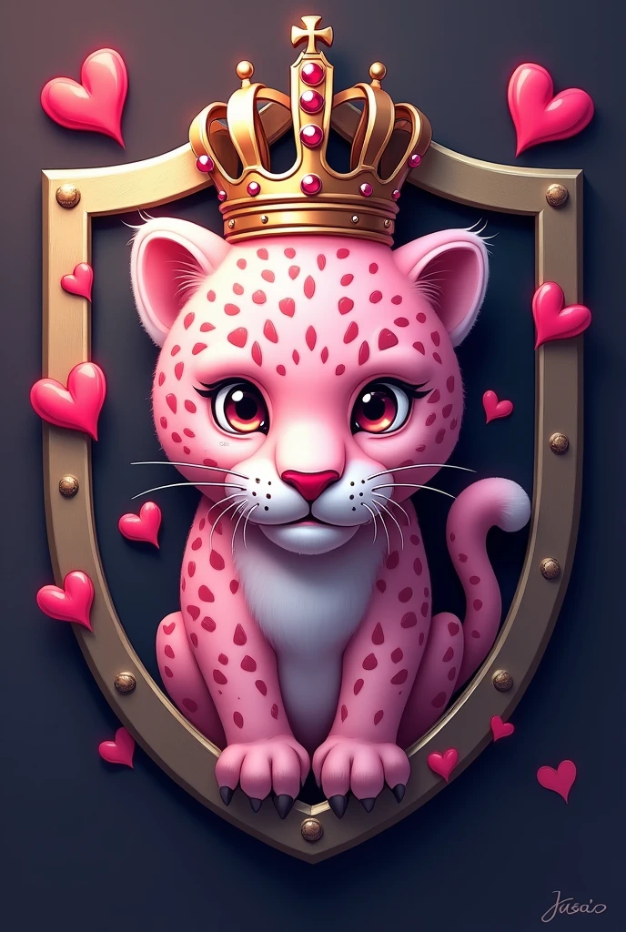 Create a shield with a baby pink leopard and a princess crown on the leopard, with evil-looking hearts