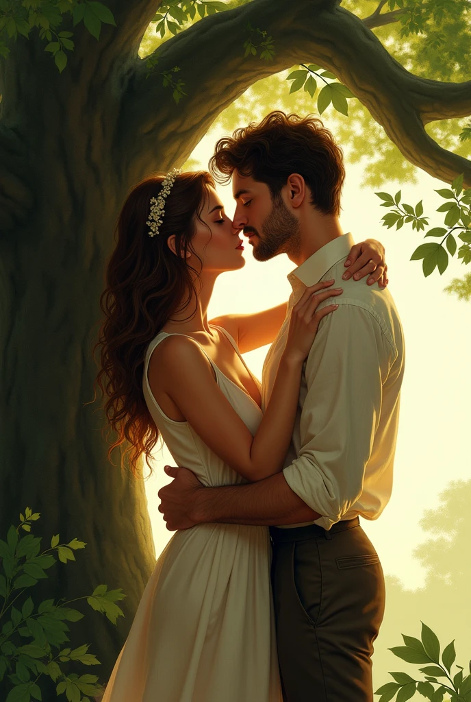Woman with her arms around man's neck, man hugging woman's waist, kiss each other on the mouth, under a tree.