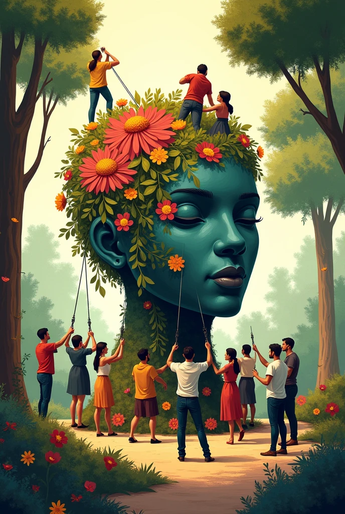 (illustration:16:5), people working together to build a big headpot with flowers and trees that represents menthal health