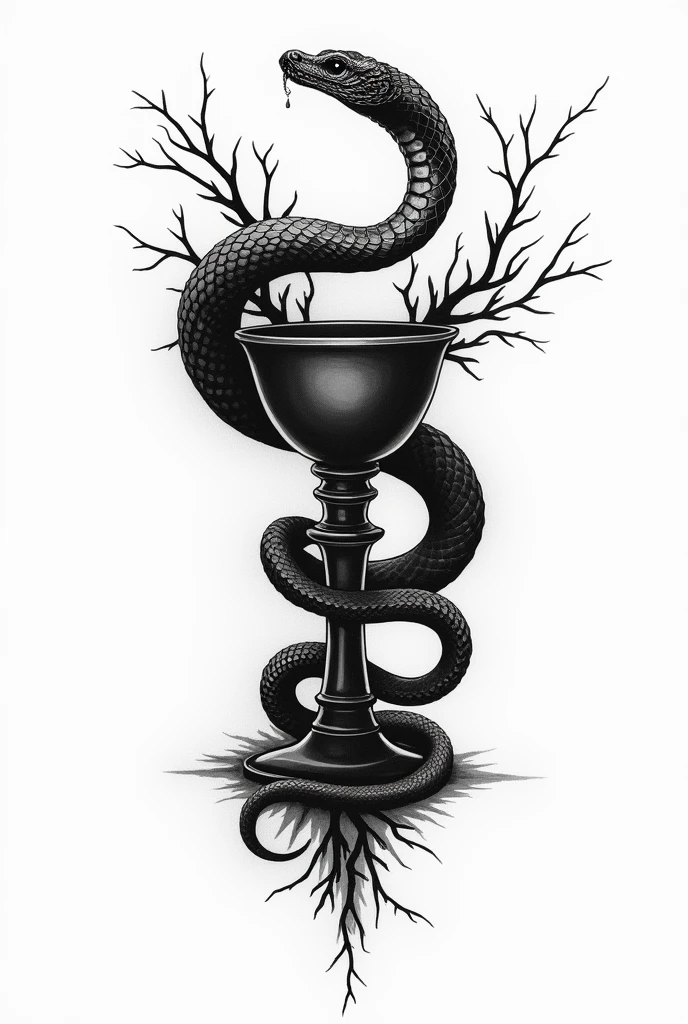 black and white tattoo of a snake surrounding a chalice. This snake tries to reach something. take off her mustache and whatever's on her head, take branches