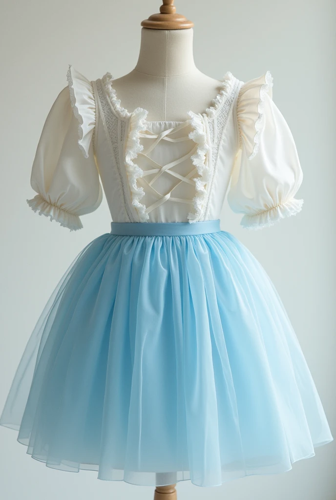 Create a look with a light blue balloon skirt, style mini skirt e uma blouse with ruffled sleeves, completely white with bows in the front( the blouse has an opening from top to bottom with these bows)