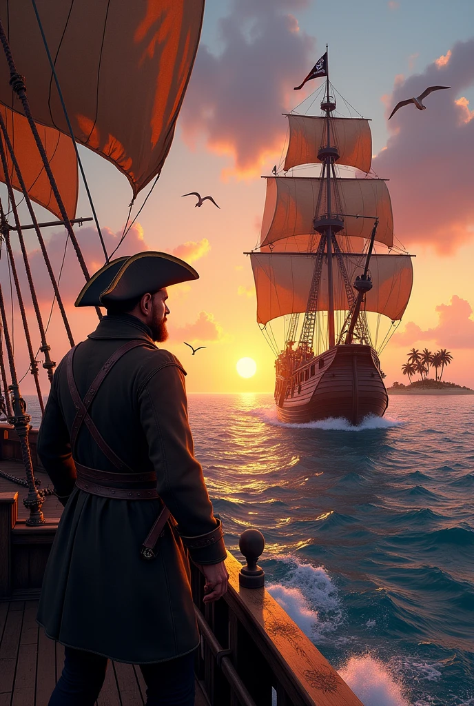A pirate ship sails on a deep blue sea at sunset, with sails full of wind. the captain, a strong and experienced man, is at the helm, wearing a worn brown leather coat and a tricorn hat. Your crew, made up of hardened sailors, works to adjust the sails and maneuver the ship. over the horizon, a small desert island appears, with tered palm trees and a white sand beach. The sky is tinged with orange and pink, and seagulls fly around. The ship has dark wood details, Cannons on the sides, and a black flag waving with the symbol of a skull and crossbones.

