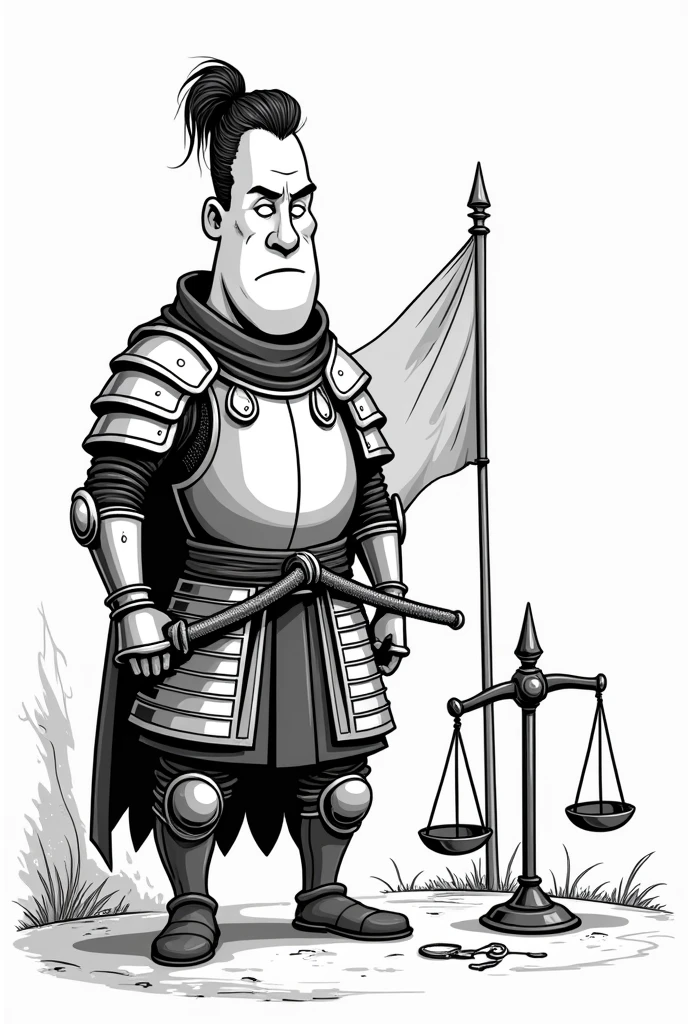 Create a black and white cartoon about the "honor" with a central character like a knight or samurai. Exaggerates his features (head, Posture) and use thick, simple lines. Keep the background minimalist with symbols like a scale or a flag. Give it a serious expression and add details that reinforce the honor., like a medal or a sword on the ground. Use strong contrast in black and white..

