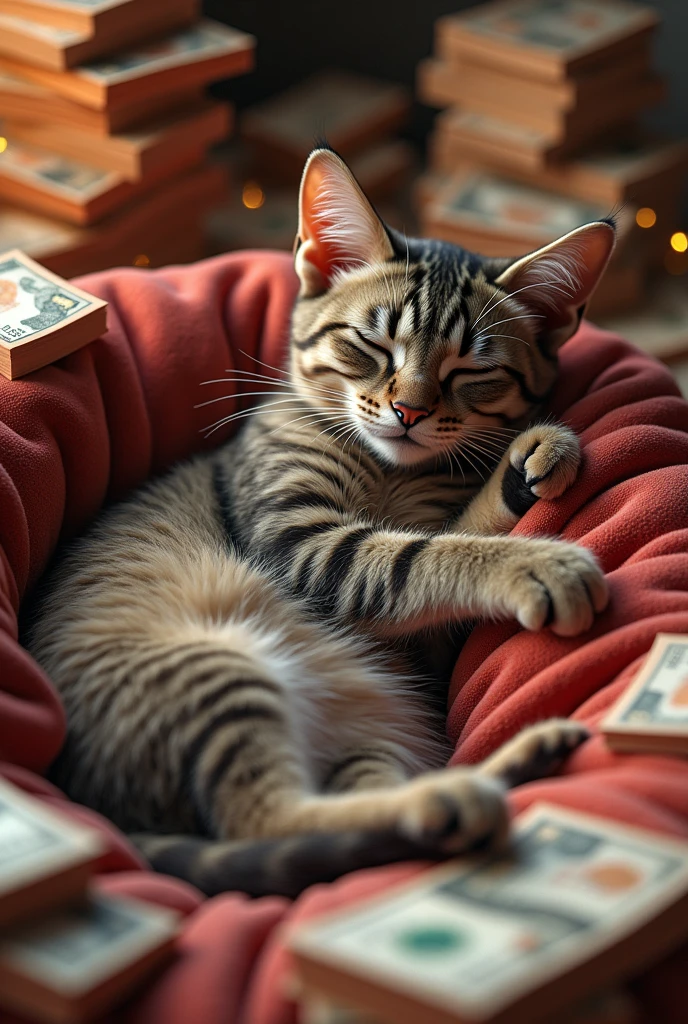Cat lying with a lot of money