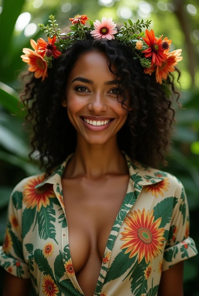 A Brazilian woman in a lush tropical garden, wearing an open shirt with a floral print, with a close-up capturing the harmonious beauty between her breasts and the natural flowers, showing off your natural charm and outgoing personality.