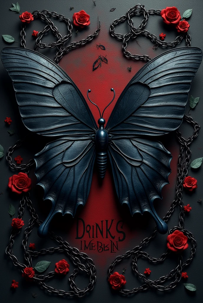 A book cover with a large black erfly in the center. It must be dark behind, with shadows, black chains and roses.
Cover Center: The centralized Crimson Chains titlAround the title: ins and shadows and dark butterflieust not contain red color.